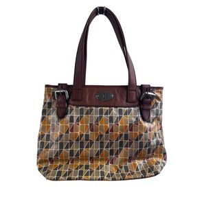 Fossil Key-Per Tote Bag Medium Multi-Color Geometric Coated Canvas Womens